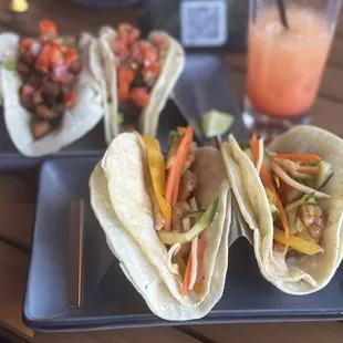 Shrimp tacos and pork belly tacos with a sex in the beach.