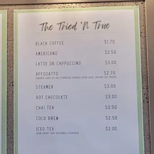 Basic drink menu