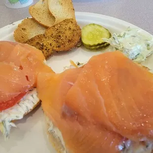 Lox sandwich with garlic toast and pickles