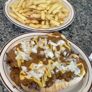 Special Coney Island hot dogs with everything and fries
