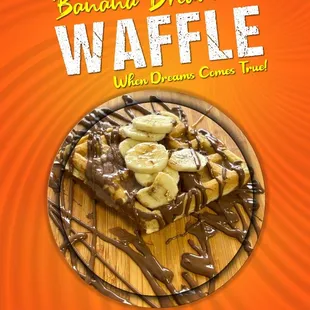 a waffle with chocolate and bananas