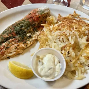 Baked walleye and hash browns