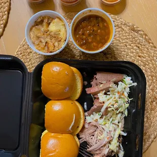 Sliders- bread on the side to avoid the bread becoming soggy. Brisket &amp; pulled chicken with slaw.