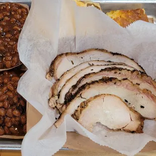 Brisket, baked beans, and corn bread