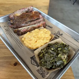 Ribs Mac and cheese and collards