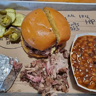 Brisket sammich, add pork, beans and cheese grits (my fav)