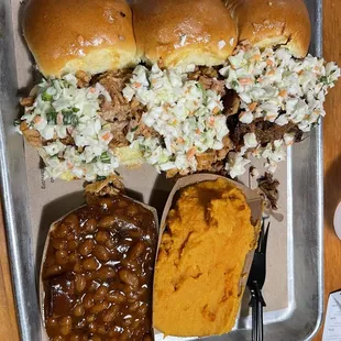 3 slider meal with BBQ beans and sweet potato