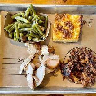 2x2 w/ Turkey (WAY TOO SALTY) Burnt Ends, Grit Cake and Green Beans