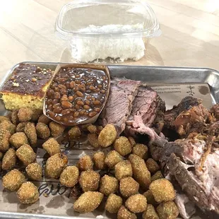 3 meat plate with okra, cornbread and beans!