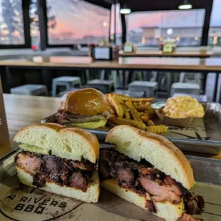 Smoke ends and pulled pork sandwiches plus fries and Mac &amp; cheese