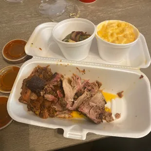 Burnt tips, pulled pork, jalapeño poppers, Mac n cheese