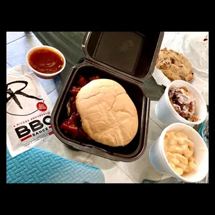 Vegan Burnt Ends Sandwich, Mac N' Cheese, Bread Pudding, Chocolate Chip Cookie