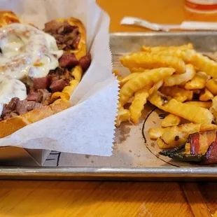 Longhorn with fries and bacon wrapped jalapenos