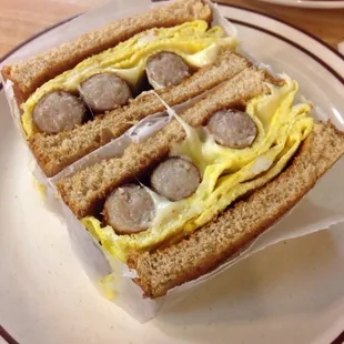 Breakfast sandwich with egg, cheese and sausage!