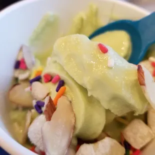 Pistachio flavor with mochi, almonds, sprinkles