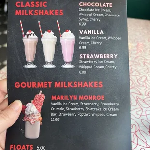 Milkshake menu