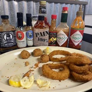 Hush Puppies and Onion Rings with plenty of Chilis to choose from