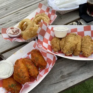 Buffalo Wings, Lemon Pepper Wings, and Onion Rings