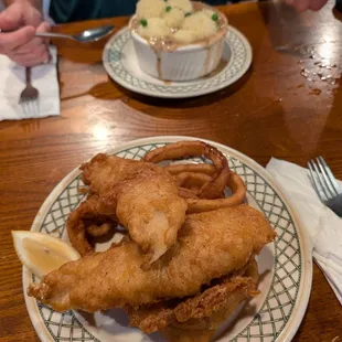 Cottage pie and fish and chips, sub onion rings.