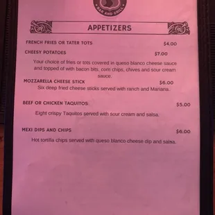 a menu for appetizers
