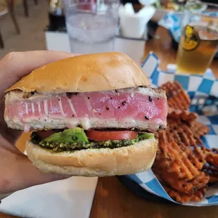 Poke tuna sandwich, sweet potato fries