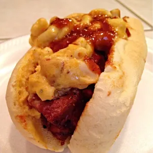 Burnt ends topped with mac n cheese