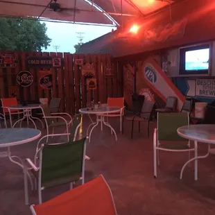 Patio out back with video screen and speakers.