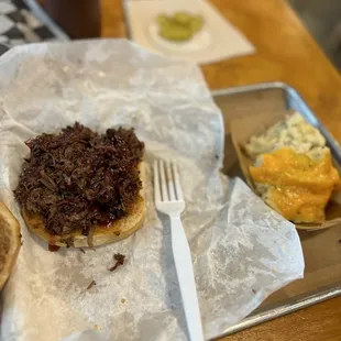 Brisket sandwich with cheesy mashed potatoes