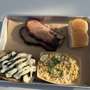Brisket Plate with Street Corn and Fried Brussels Sprouts with Garlic Aioli