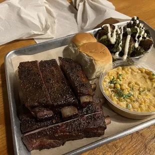 Ribs, Elotes street corn, fried brussel sprouts.