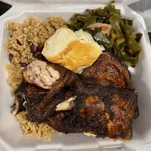jerk Chicken , rice and peas, greens and roll