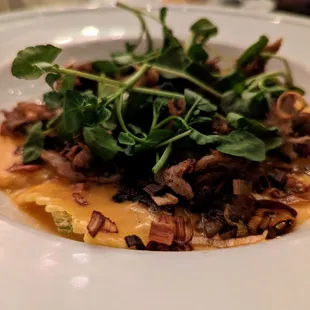 Braised Pork &amp; Ravioli Special. $20. Slow-cooked pork, cheese ravioli, red pepper cream, watercress, crispy leeks.