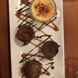 dessert sampler (creme brulee, flourless chocolate cake, millionair pie, dark chocolate gelato)