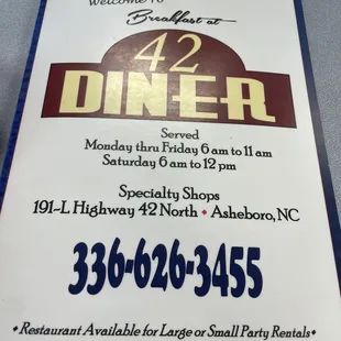 the menu for the restaurant