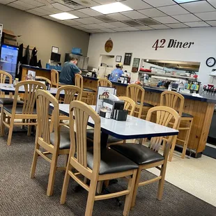 a view of the dining area of a restaurant