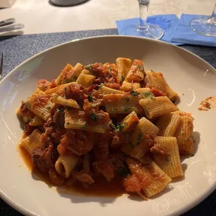 Rigatoni with Sunday Gravy, tomato sauce, red wine, braised beef and pork.
