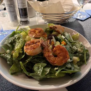 Market Salad, roasted butternut squash, dried cherries, crisp apples with maple mustard vinaigrette dressing. Added Blackened Shrimp.