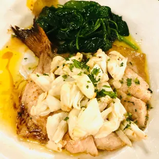 Red snapper with jumbo lump crabmeat and sautéed spinach