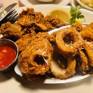 Cajun fried oysters &amp; calamari.  YUM!!!!!!!!!