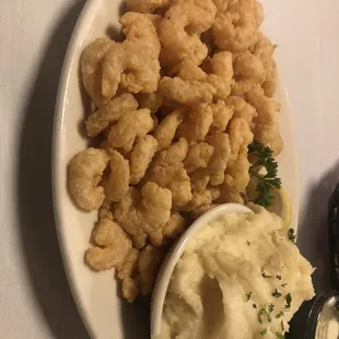 Popcorn shrimp with mashed potatoes- delicious huge portion!