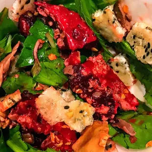 Beer food: duck blood mixed with fresh herbs, crunchy rice cracker, &amp; fish sauce