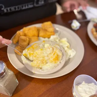 Catfish, cheese grits, fried egg whites.