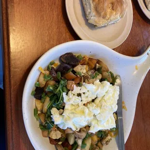 Veggie buster with egg whites, biscuit and homefries