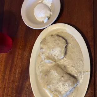 Half order biscuits and gravy, poached egg