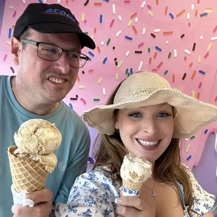 Waffle cone double scoop of ice cream and a petite sugar cone single scoop for me. Perfect for any taste.