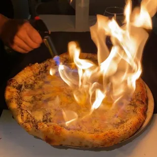 pizza carbonara on fire!