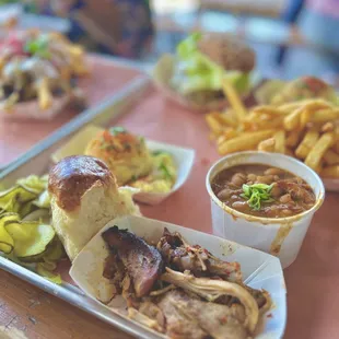 #1 Smoked Meat Plate with pulled pork shoulder, side potato salaf and Side Baked Beans