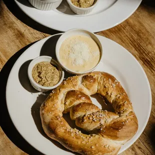 45th Parallel Distillery's House Pretzel with Border Bourbon cheese sauce and Horseradish Mustard