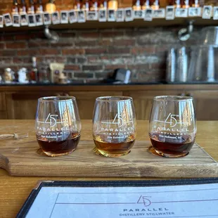 Flight with Sherry finished bourbon, bonded rye, port finished whiskey