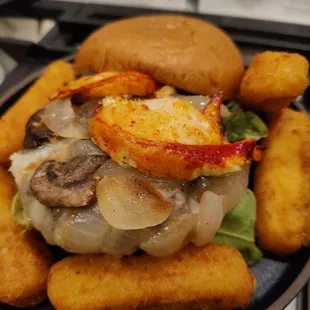 Lobster Surf &amp; Turf Burger and mozzarella sticks